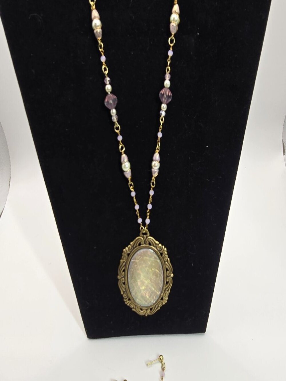 Gold Tone Pendant Necklace & Earring Set Opalescent Handmade Item 56